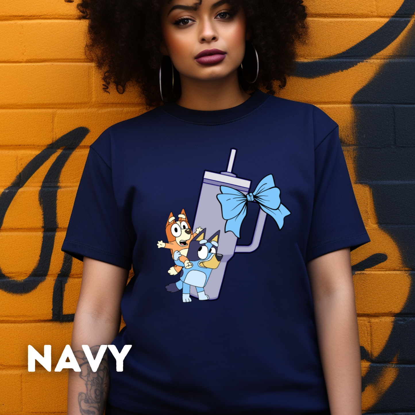 Bluey, Tumbler Cup and Bows Checked Pattern Adult T-Shirt