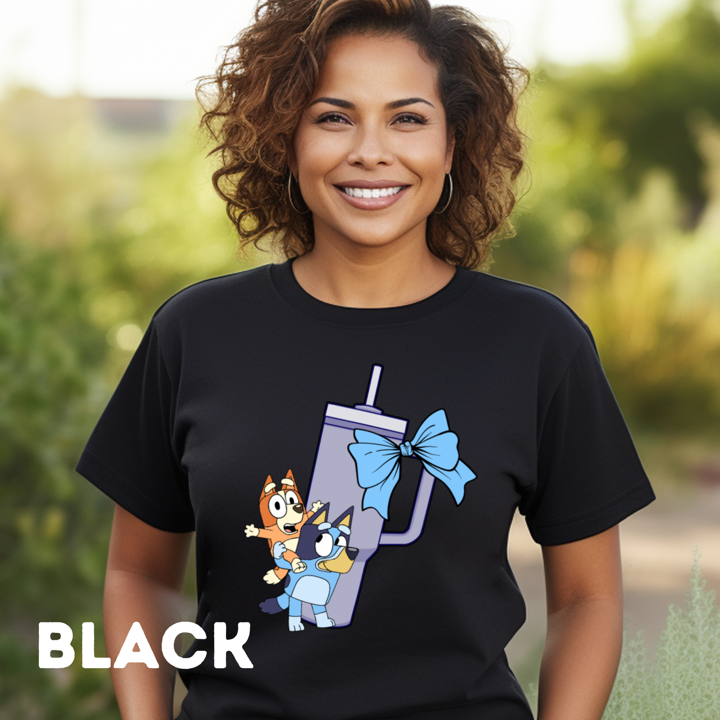 Bluey, Tumbler Cup and Bows Checked Pattern Adult T-Shirt