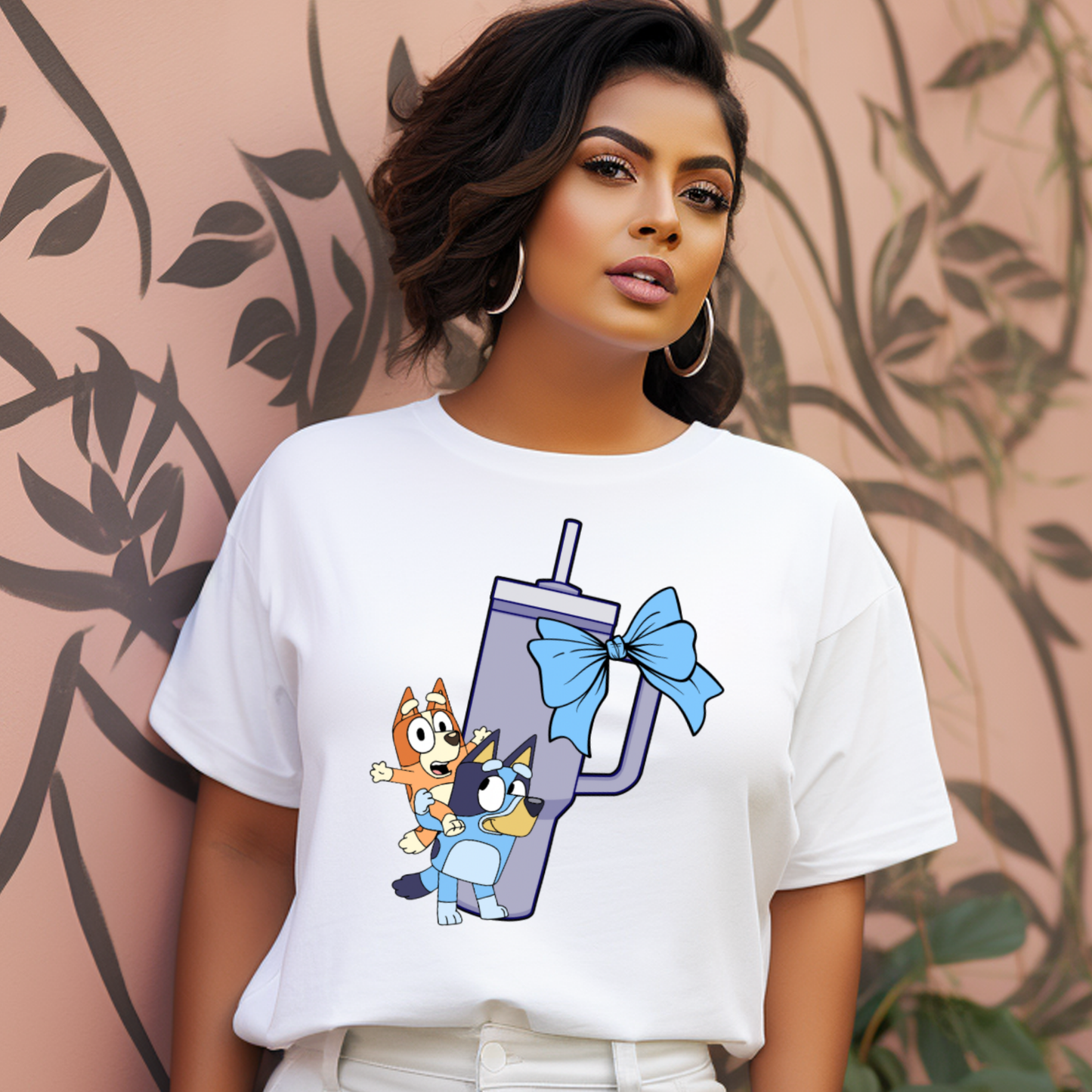 Bluey, Tumbler Cup and Bows Checked Pattern Adult T-Shirt