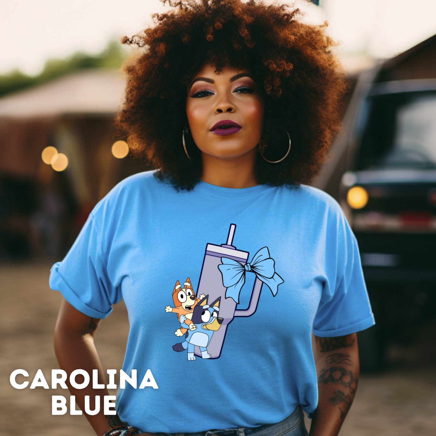 Bluey, Tumbler Cup and Bows Checked Pattern Adult T-Shirt