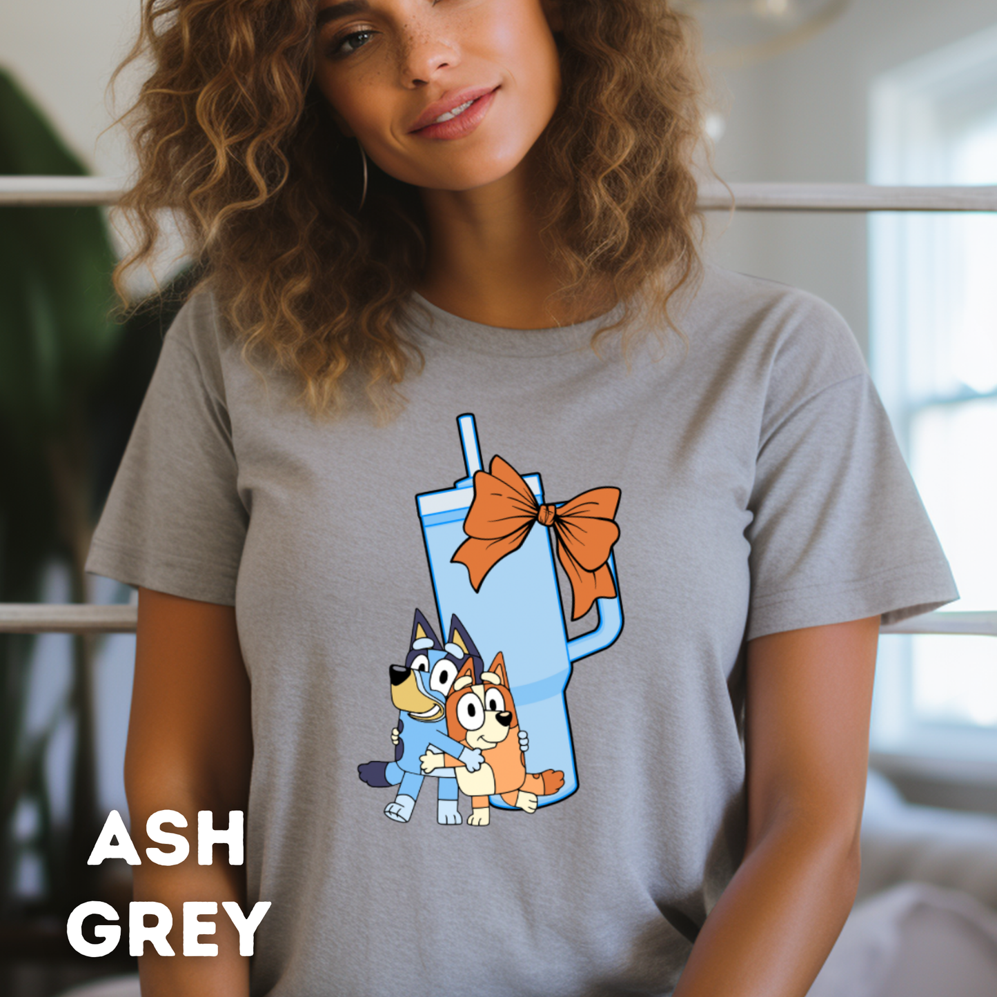 Bluey, Tumbler Cup and Orange Bows Checked Pattern Adult T-Shirt