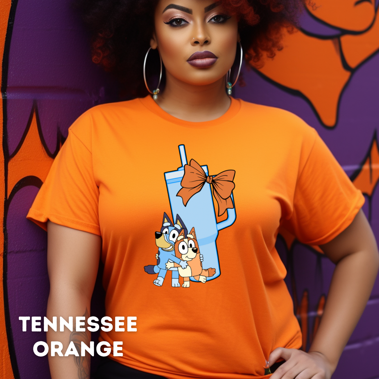 Bluey, Tumbler Cup and Orange Bows Checked Pattern Adult T-Shirt