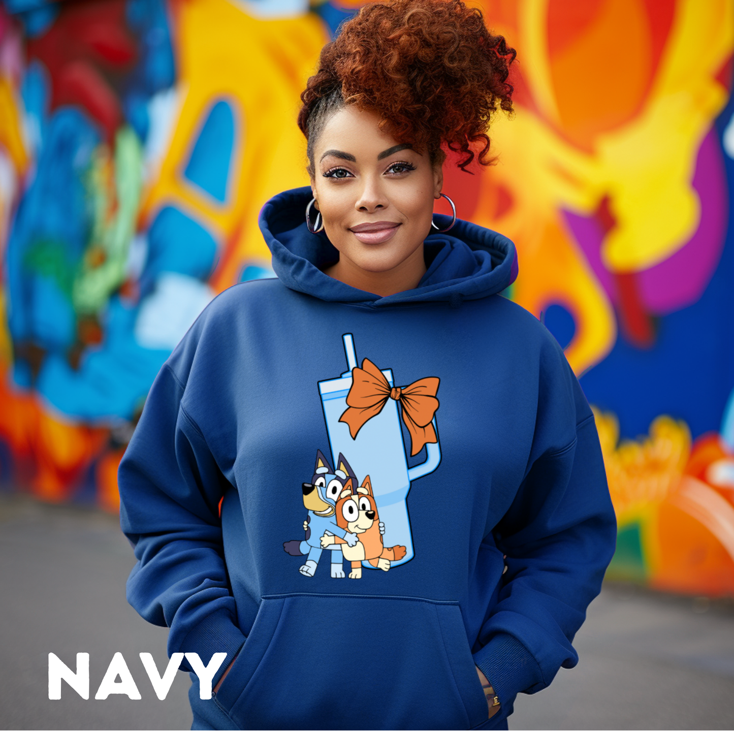 Bluey, Tumbler Cup and Orange Bows Checked Pattern Adult T-Shirt