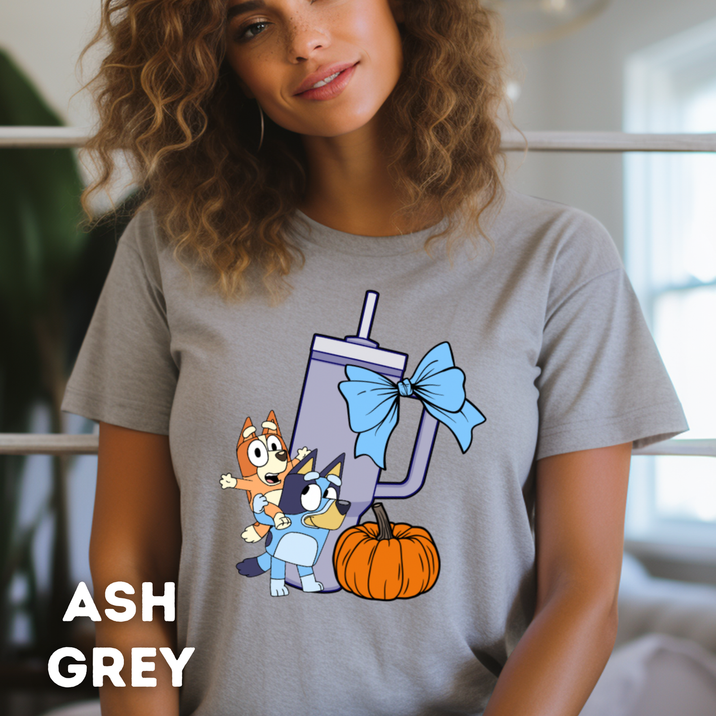 Pumpkin Bluey, Tumbler Cup and Blue Bows Checked Pattern Adult T-Shirt