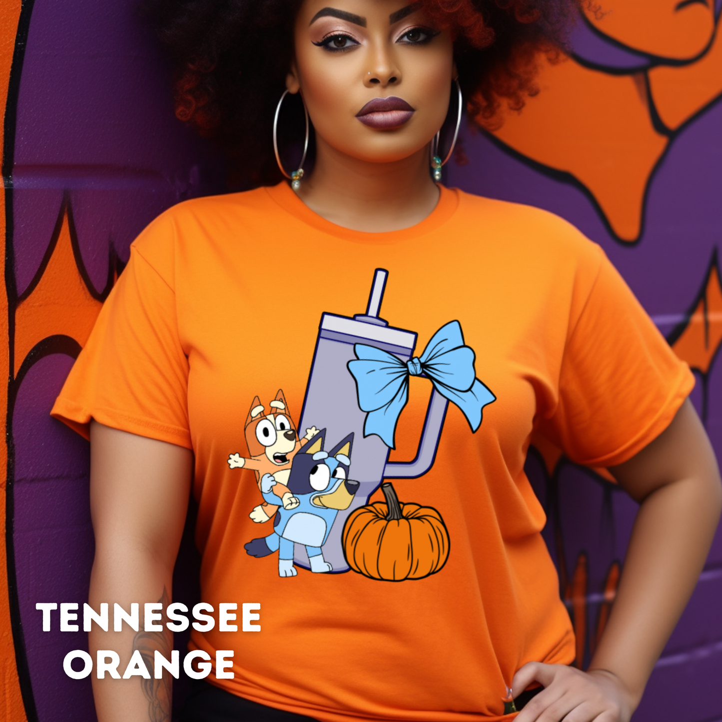 Pumpkin Bluey, Tumbler Cup and Blue Bows Checked Pattern Adult T-Shirt