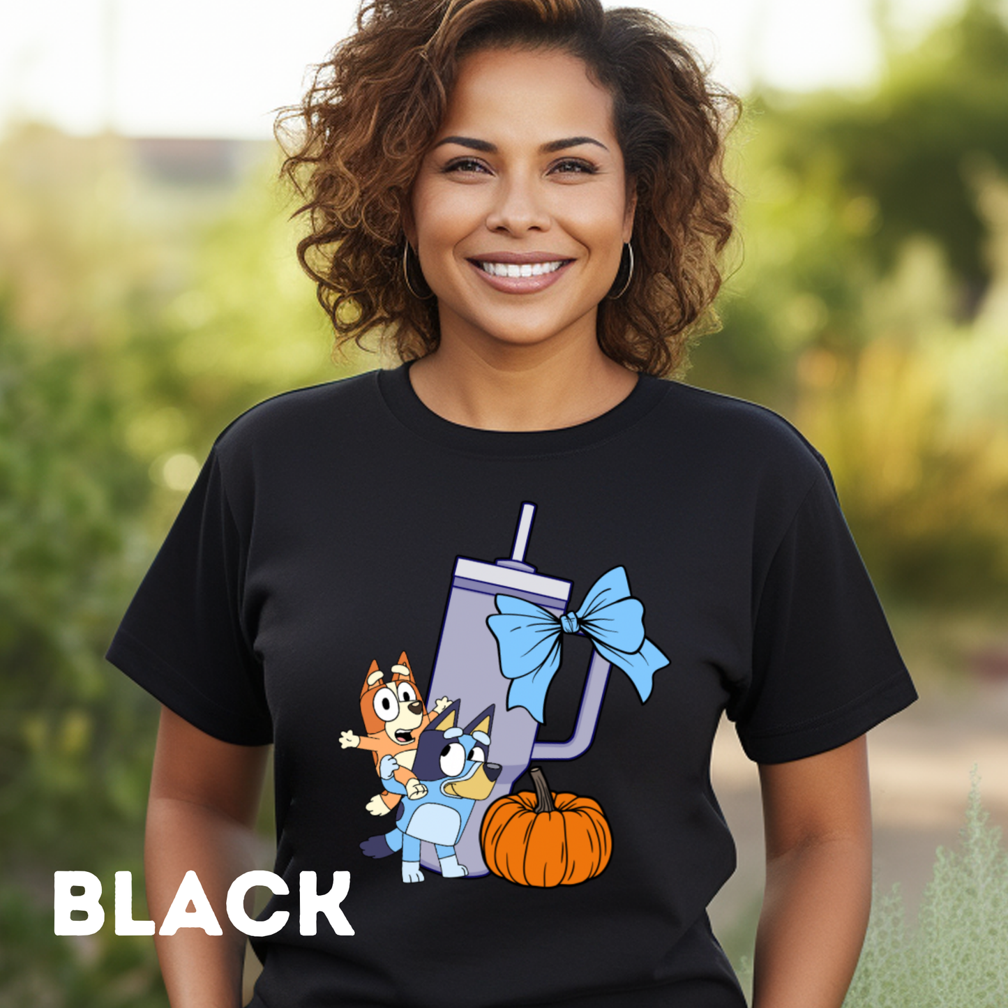 Pumpkin Bluey, Tumbler Cup and Blue Bows Checked Pattern Adult T-Shirt