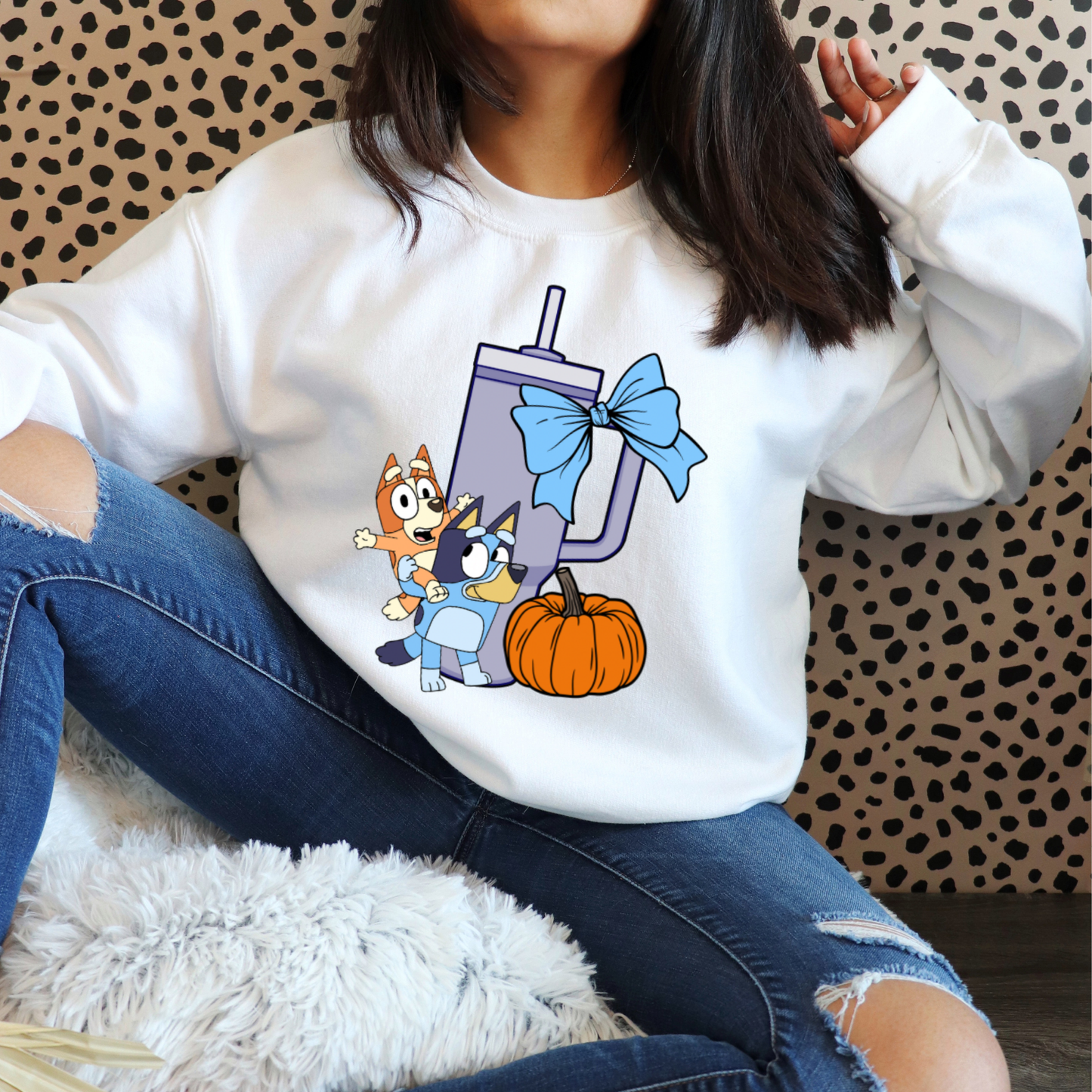 Pumpkin Bluey, Tumbler Cup and Blue Bows Checked Pattern Adult T-Shirt