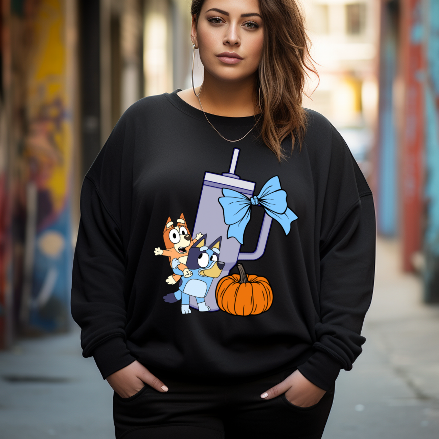 Pumpkin Bluey, Tumbler Cup and Blue Bows Checked Pattern Adult T-Shirt