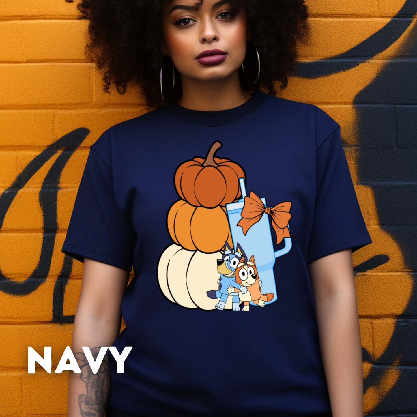 Stacked Pumpkins Bluey, Tumbler Cup and Blue Bows Checked Pattern Adult T-Shirt