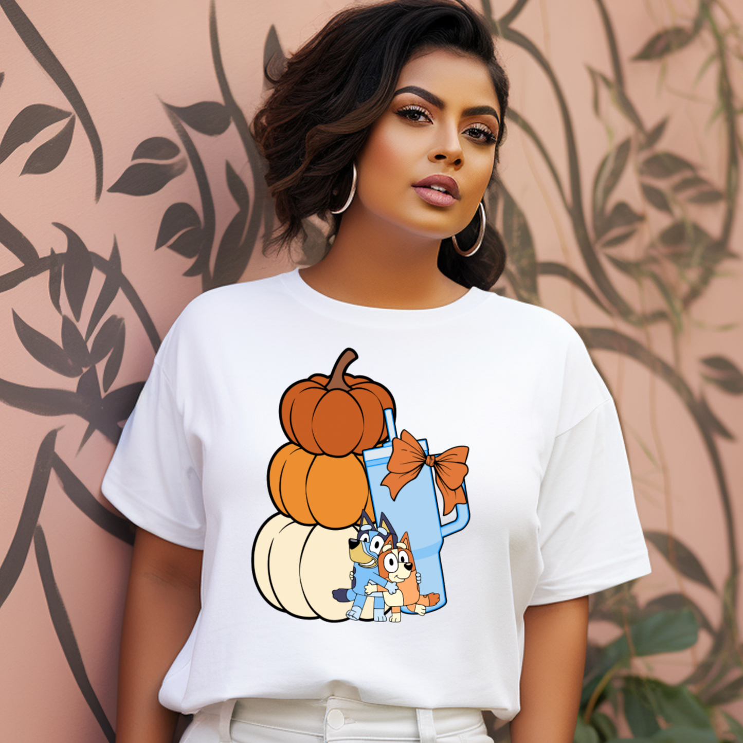 Stacked Pumpkins Bluey, Tumbler Cup and Blue Bows Checked Pattern Adult T-Shirt