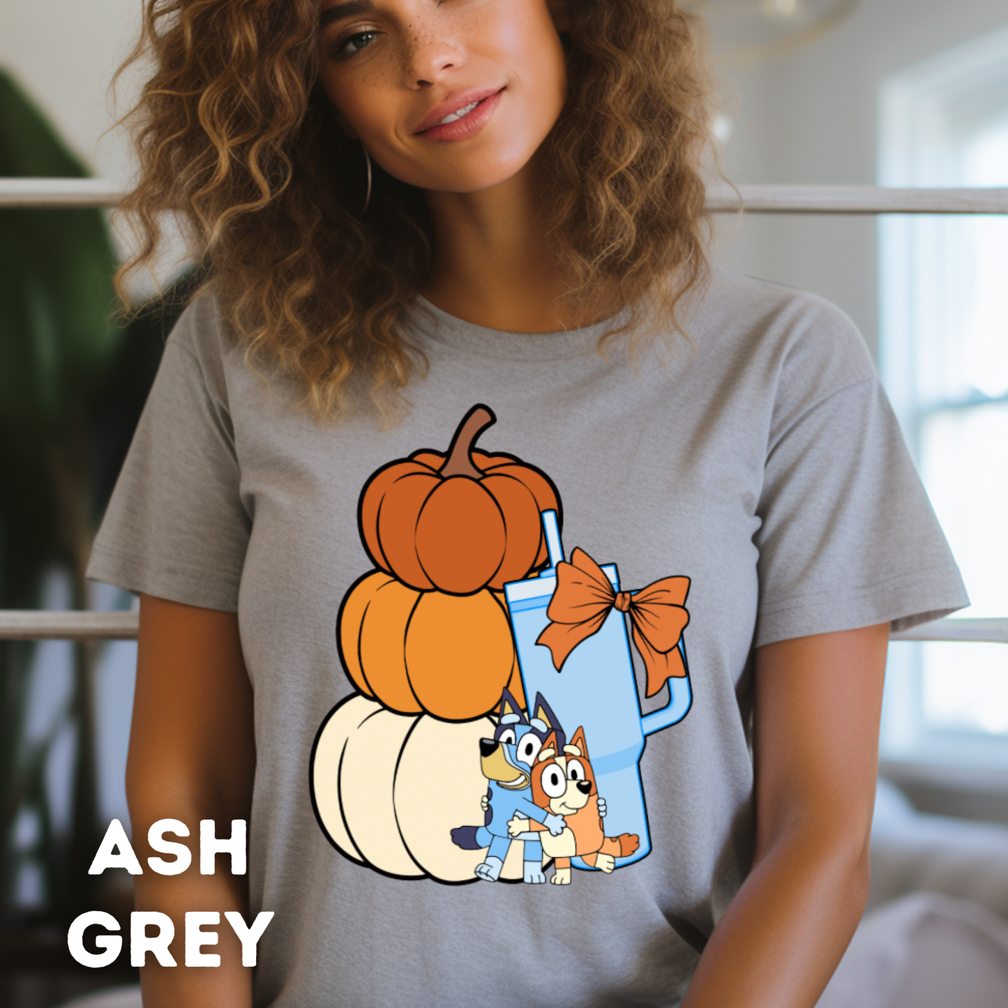 Stacked Pumpkins Bluey, Tumbler Cup and Blue Bows Checked Pattern Adult T-Shirt