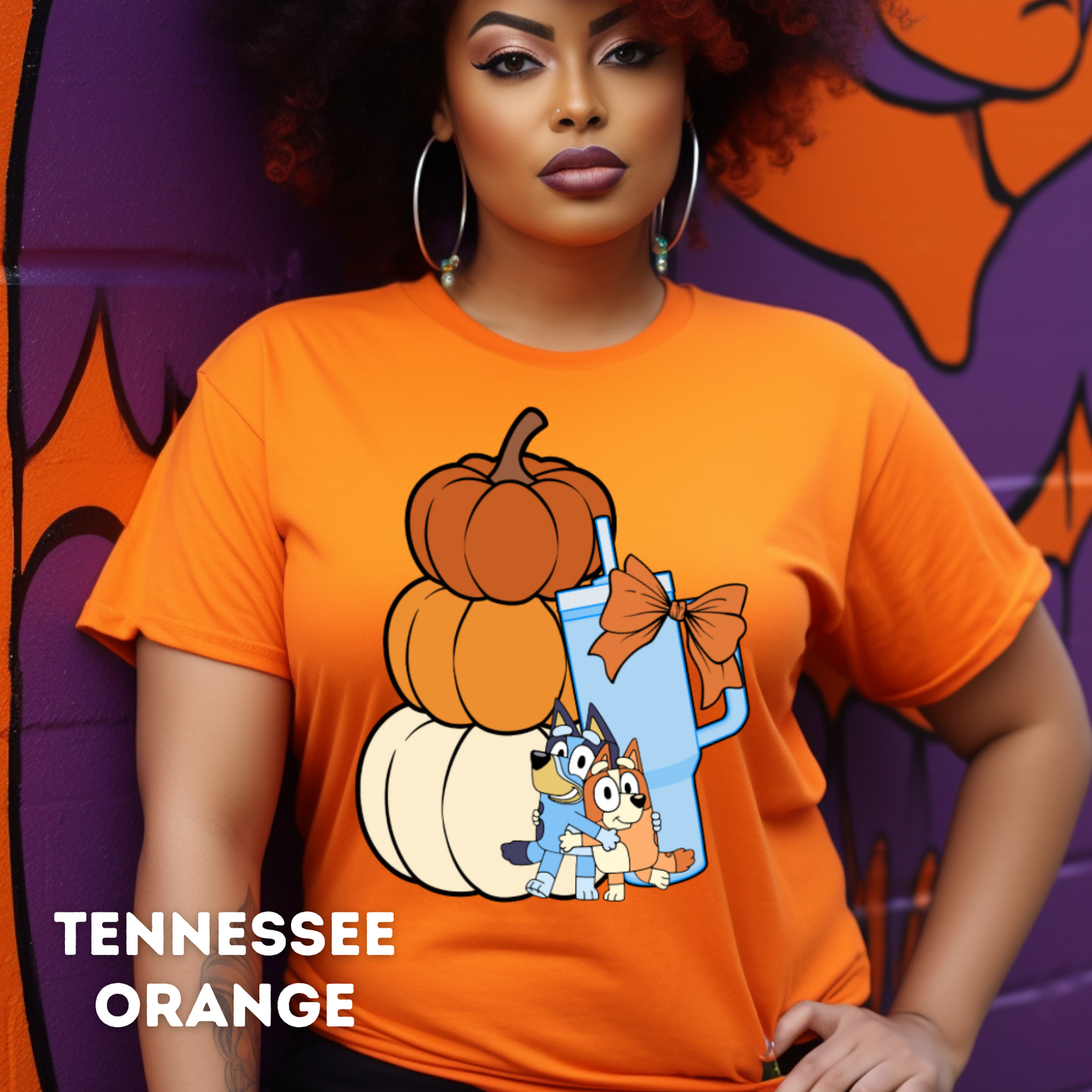 Stacked Pumpkins Bluey, Tumbler Cup and Blue Bows Checked Pattern Adult T-Shirt