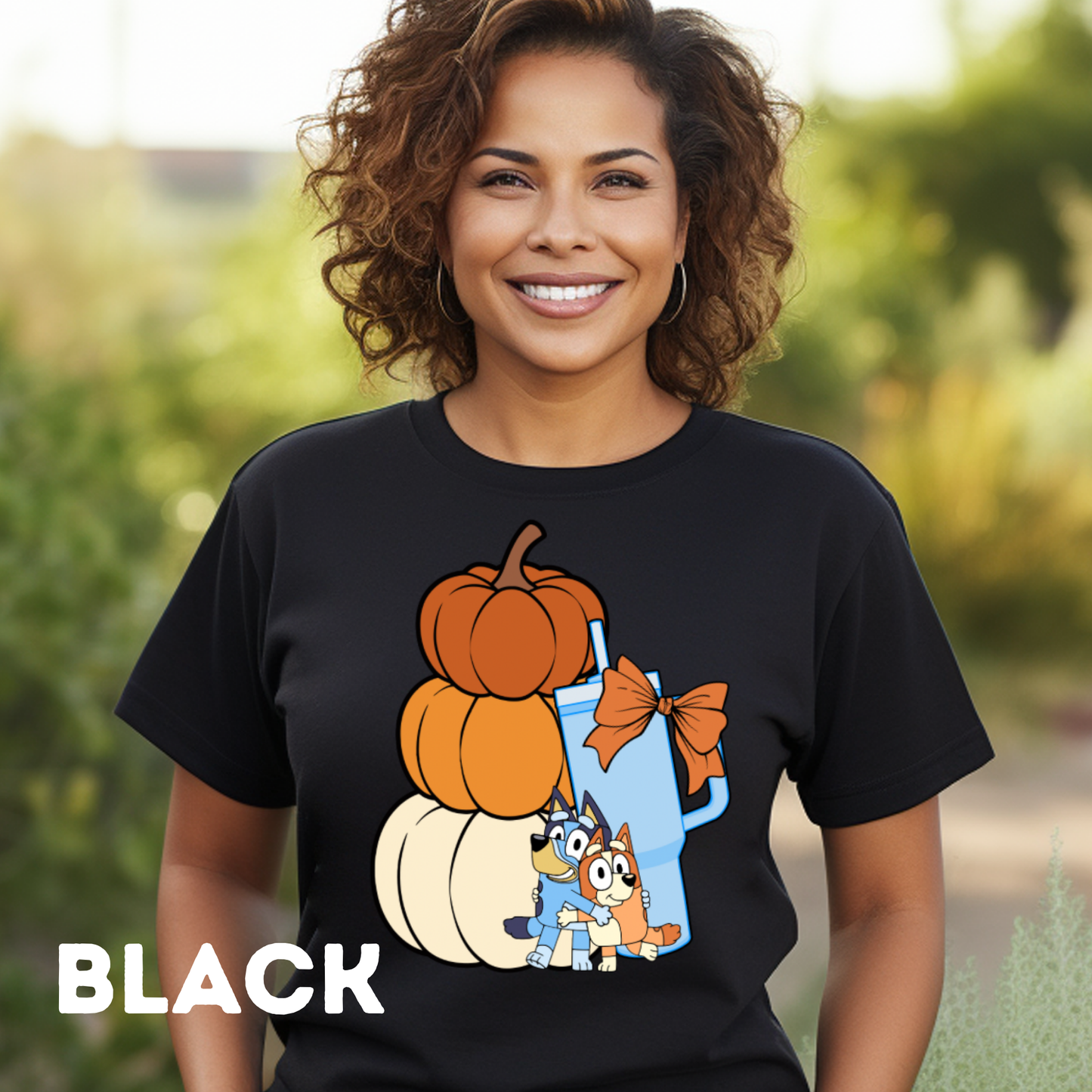 Stacked Pumpkins Bluey, Tumbler Cup and Blue Bows Checked Pattern Adult T-Shirt