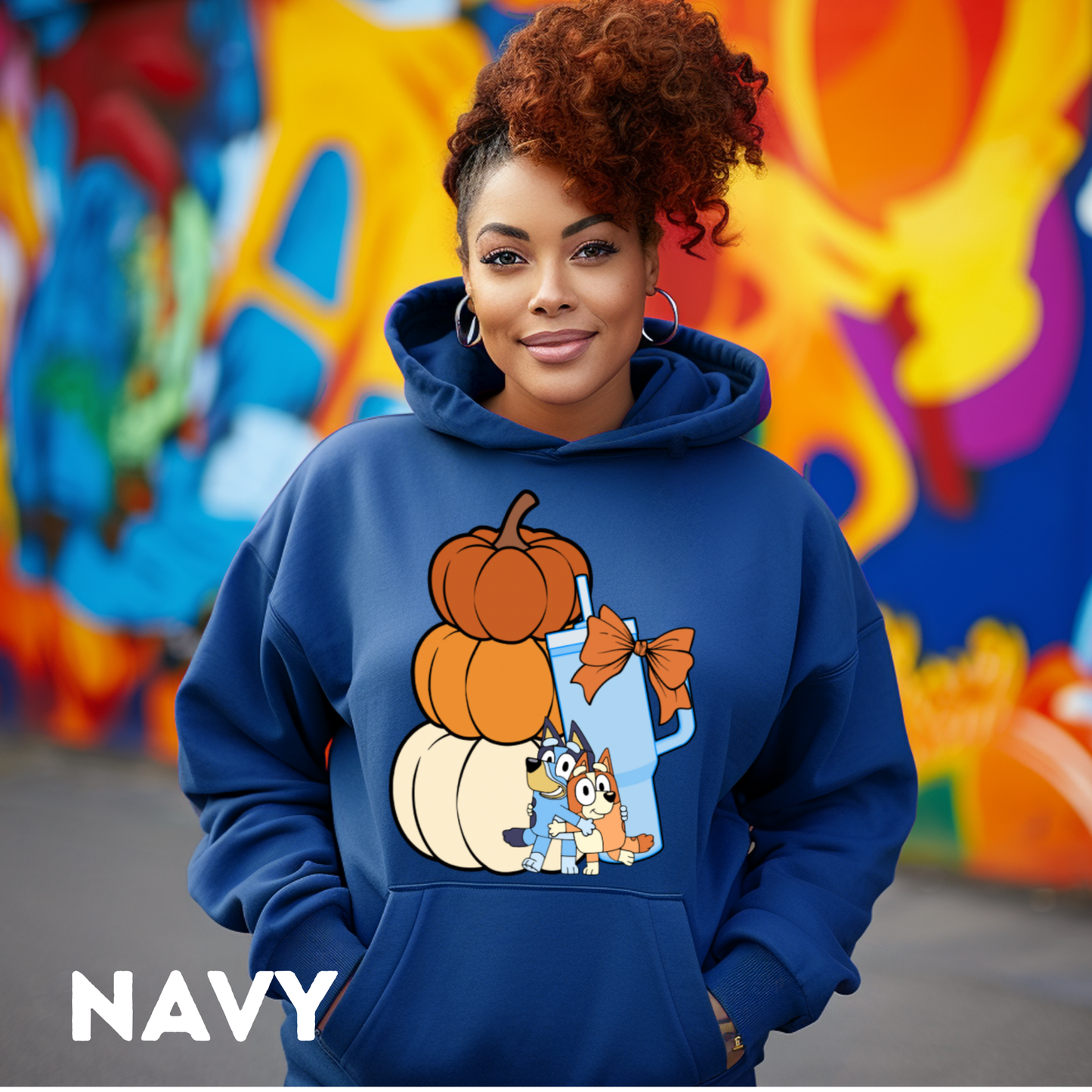 Stacked Pumpkins Bluey, Tumbler Cup and Blue Bows Checked Pattern Adult T-Shirt