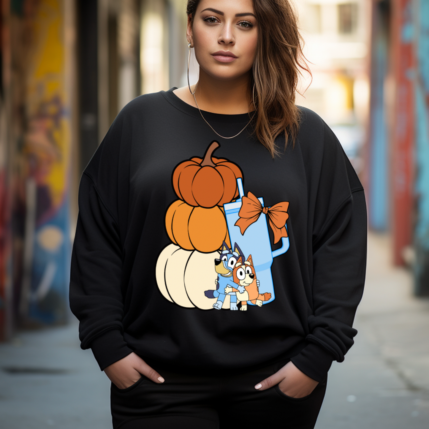Stacked Pumpkins Bluey, Tumbler Cup and Blue Bows Checked Pattern Adult T-Shirt