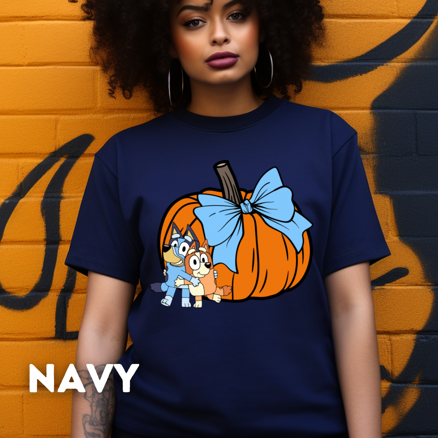 Big Pumpkins Bluey, Tumbler Cup and Blue Bows Checked Pattern Adult T-Shirt