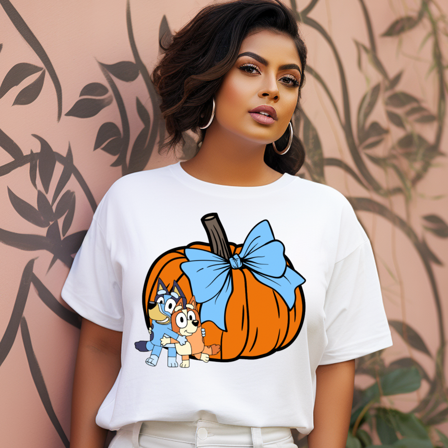 Big Pumpkins Bluey, Tumbler Cup and Blue Bows Checked Pattern Adult T-Shirt