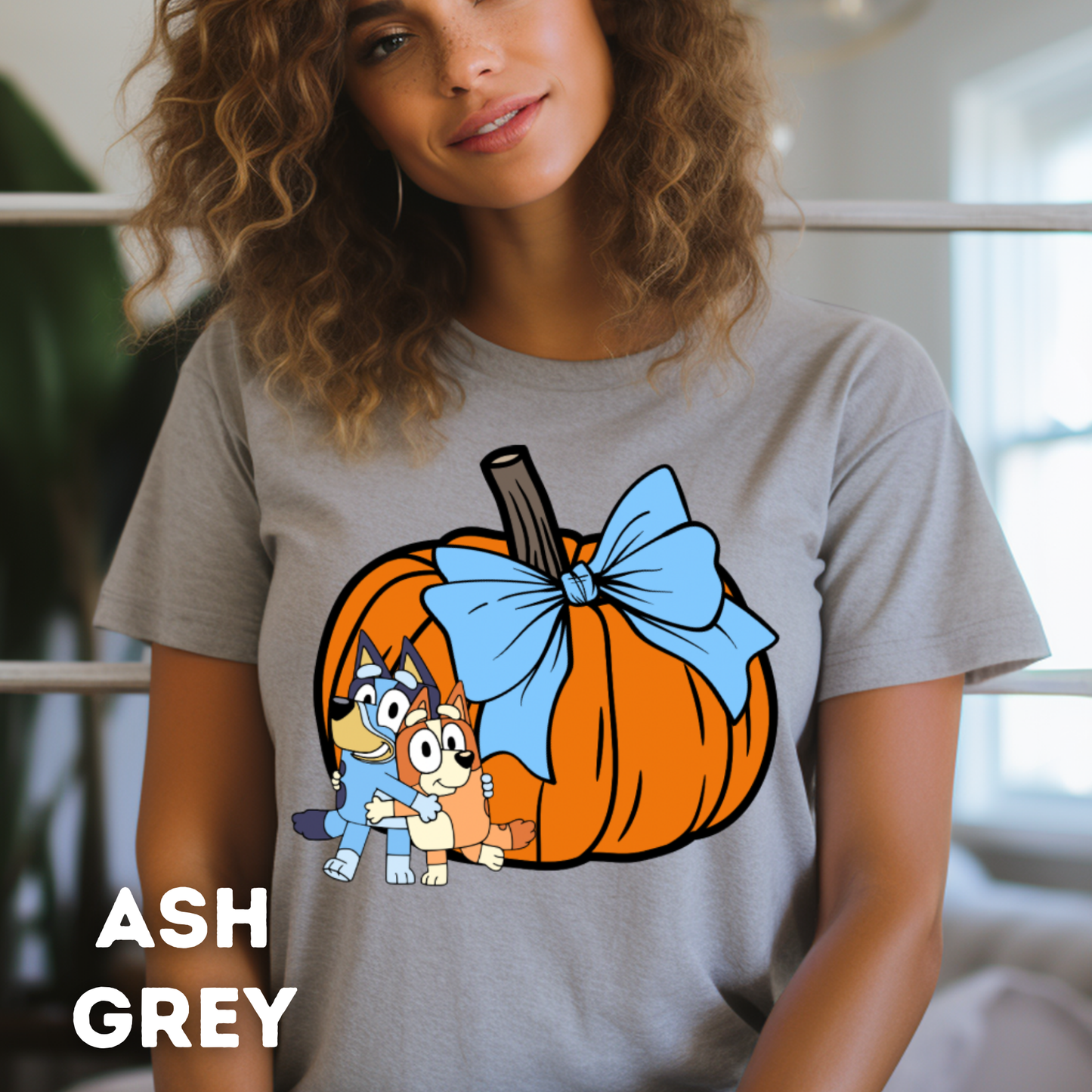 Big Pumpkins Bluey, Tumbler Cup and Blue Bows Checked Pattern Adult T-Shirt