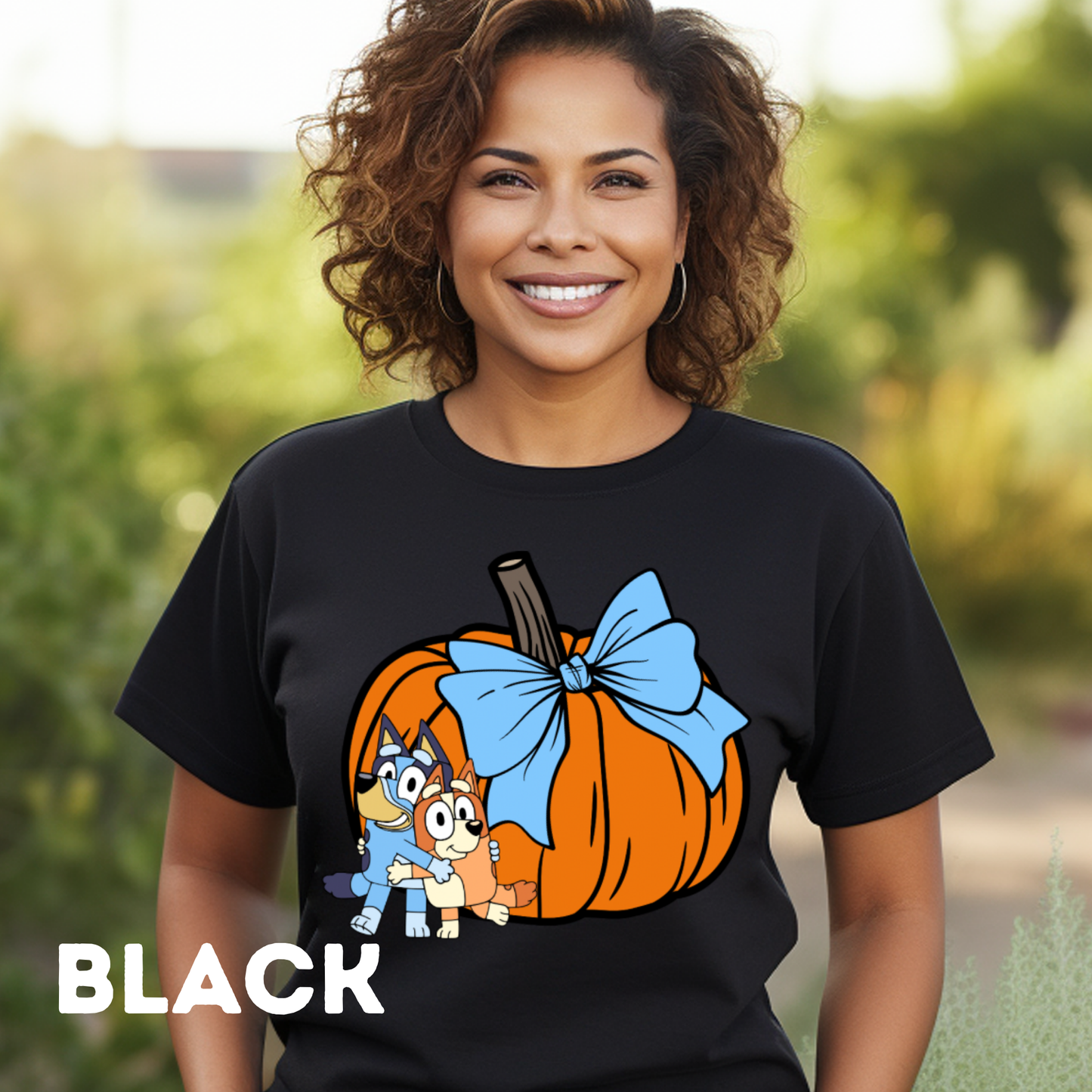 Big Pumpkins Bluey, Tumbler Cup and Blue Bows Checked Pattern Adult T-Shirt