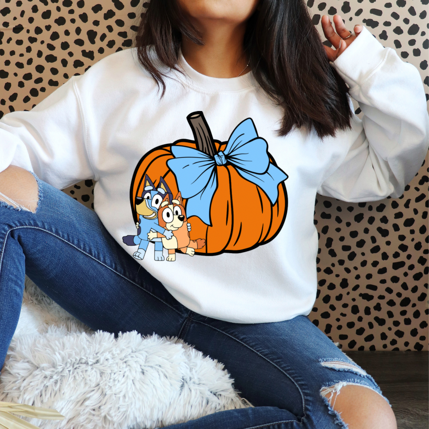 Big Pumpkins Bluey, Tumbler Cup and Blue Bows Checked Pattern Adult T-Shirt