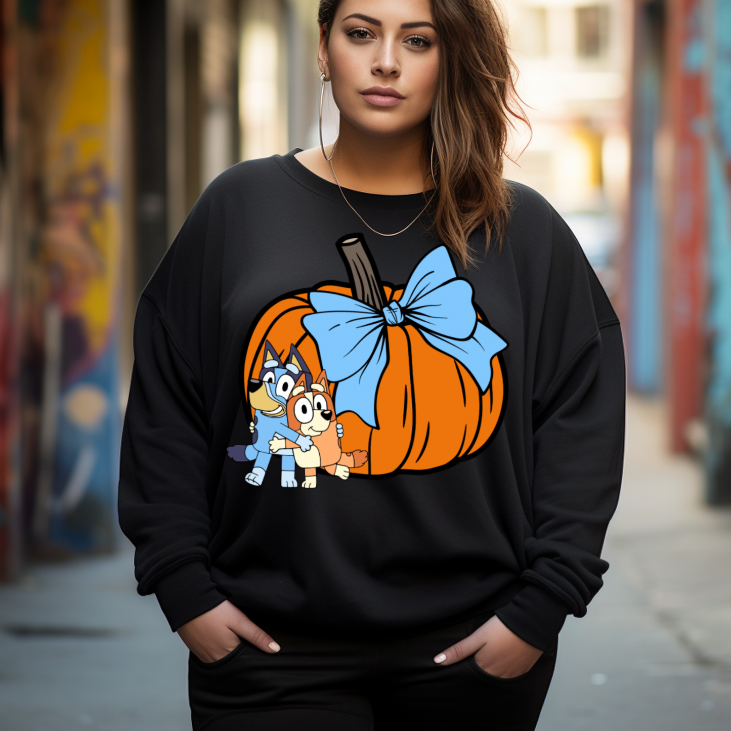 Big Pumpkins Bluey, Tumbler Cup and Blue Bows Checked Pattern Adult T-Shirt