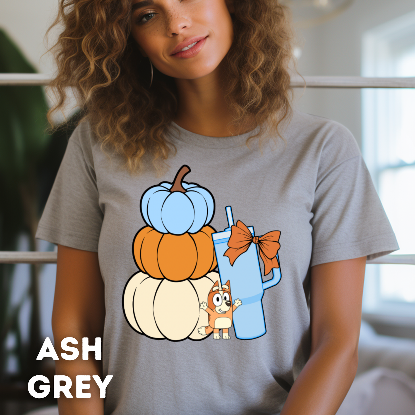 Stacked Pumpkins Bingo, Tumbler Cup and Blue Bows Checked Pattern Adult T-Shirt