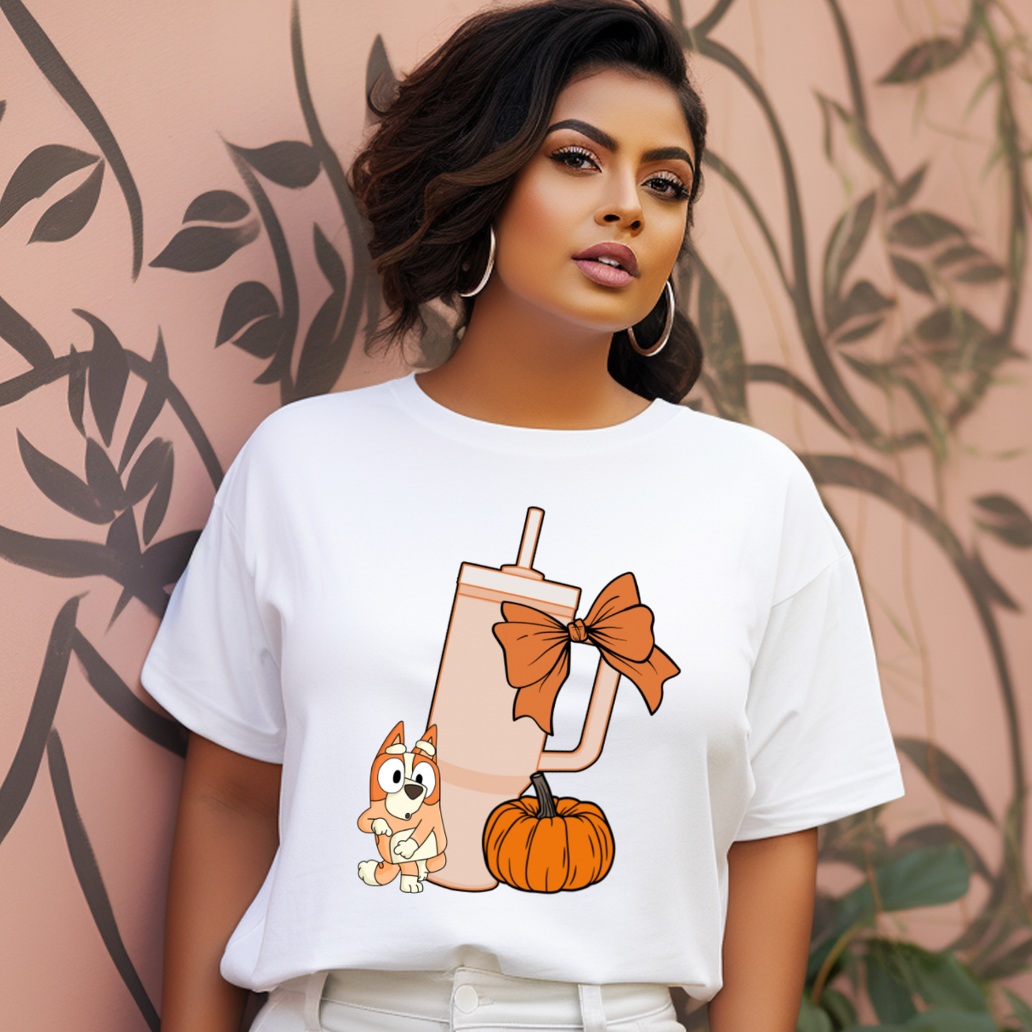 Pumpkins Bingo, Tumbler Cup and Blue Bows Checked Pattern Adult T-Shirt