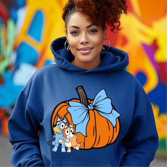 Big Pumpkins Bluey, Tumbler Cup and Blue Bows Checked Pattern Adult T-Shirt