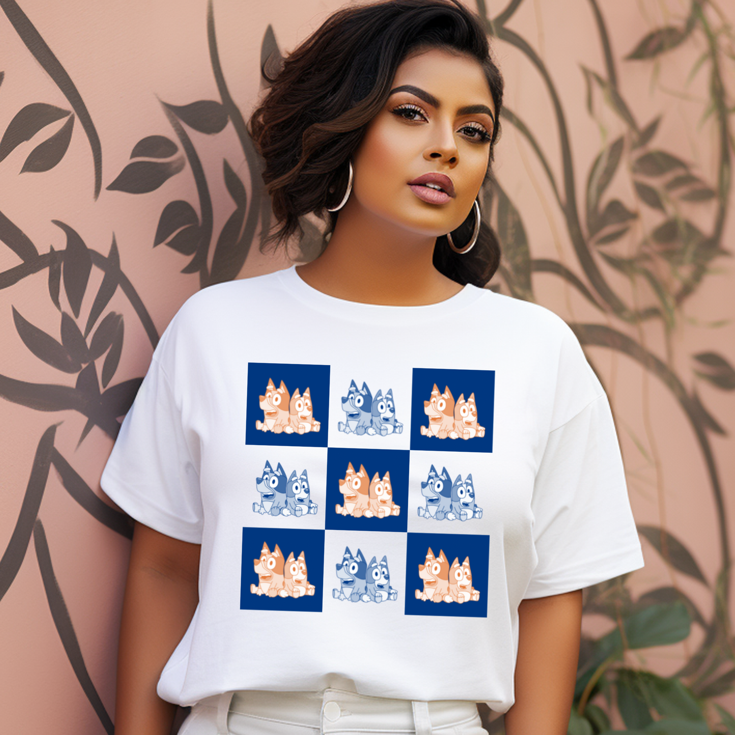 Bluey and Bows Checked Pattern Adult T-Shirt