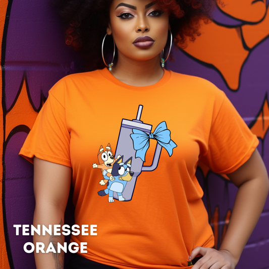 Bluey, Tumbler Cup and Bows Checked Pattern Adult T-Shirt