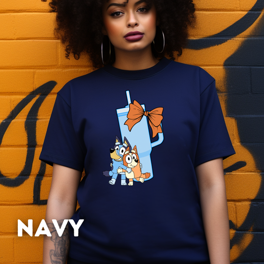 Bluey, Tumbler Cup and Orange Bows Checked Pattern Adult T-Shirt