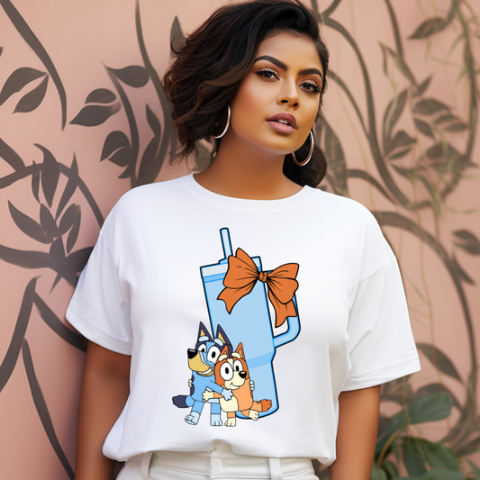 Bluey, Tumbler Cup and Orange Bows Checked Pattern Adult T-Shirt