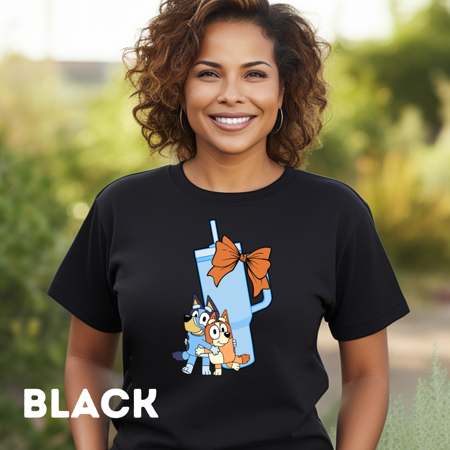 Bluey, Tumbler Cup and Orange Bows Checked Pattern Adult T-Shirt
