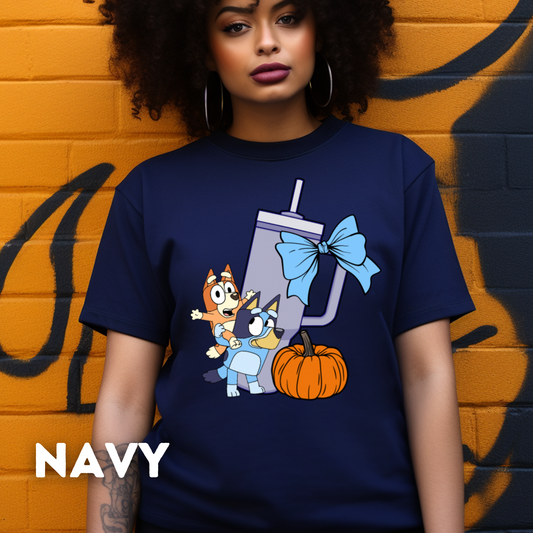 Pumpkin Bluey, Tumbler Cup and Blue Bows Checked Pattern Adult T-Shirt