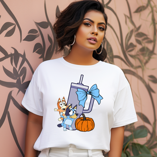 Pumpkin Bluey, Tumbler Cup and Blue Bows Checked Pattern Adult T-Shirt