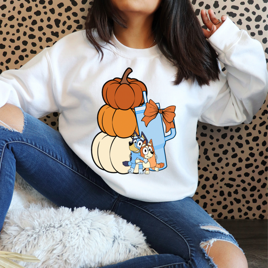 Stacked Pumpkins Bluey, Tumbler Cup and Blue Bows Checked Pattern Adult T-Shirt