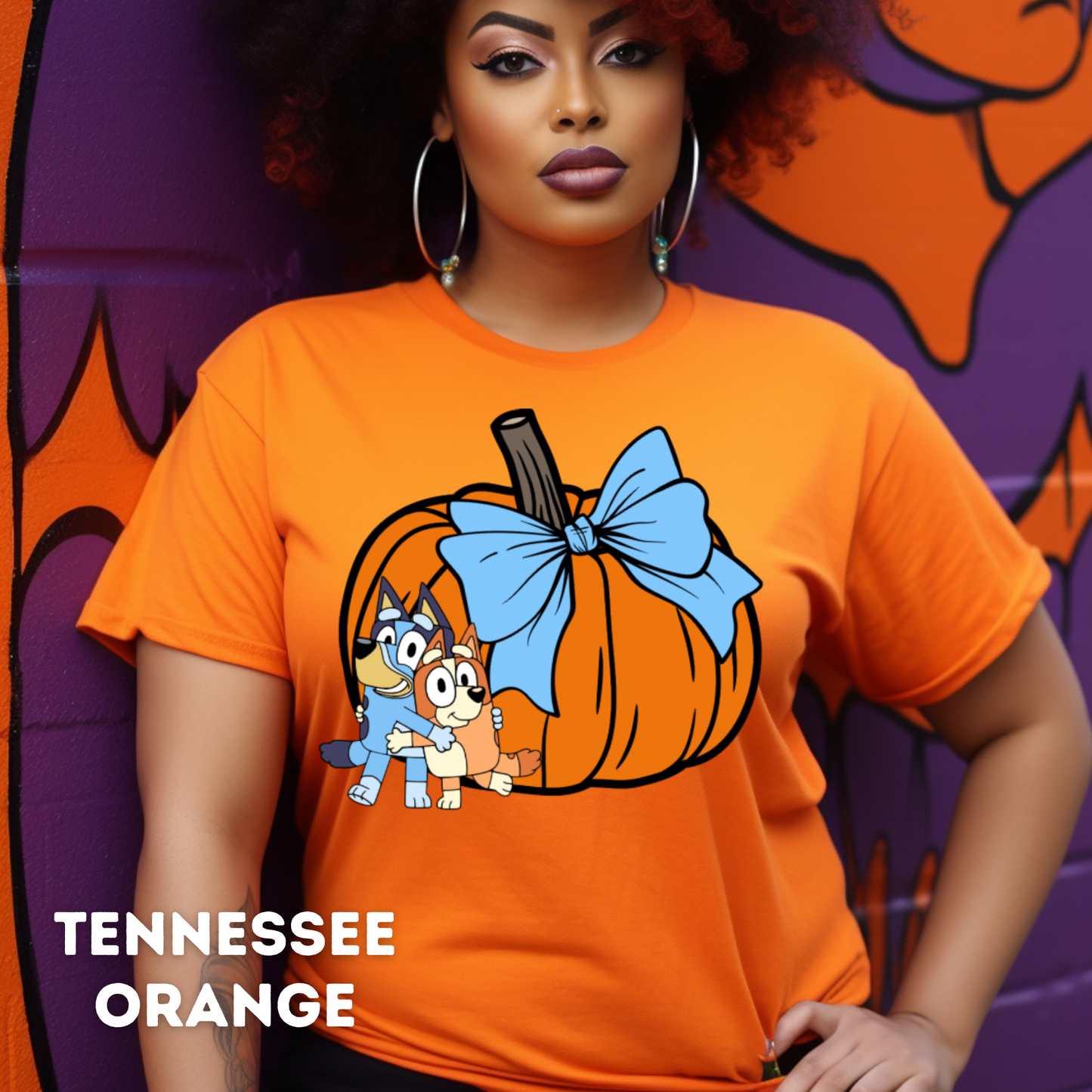 Big Pumpkins Bluey, Tumbler Cup and Blue Bows Checked Pattern Adult T-Shirt