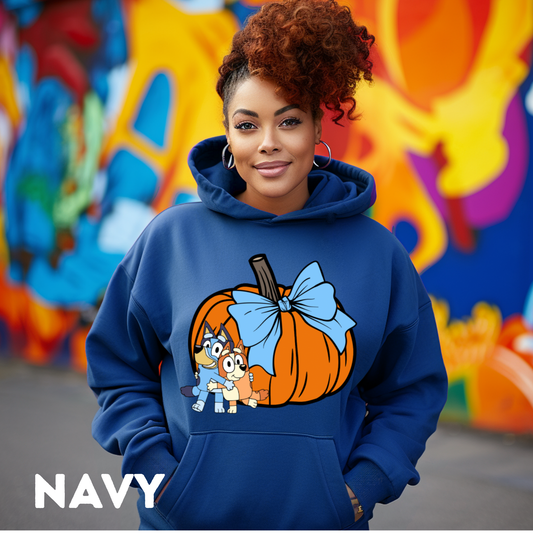 Big Pumpkins Bluey, Tumbler Cup and Blue Bows Checked Pattern Adult T-Shirt