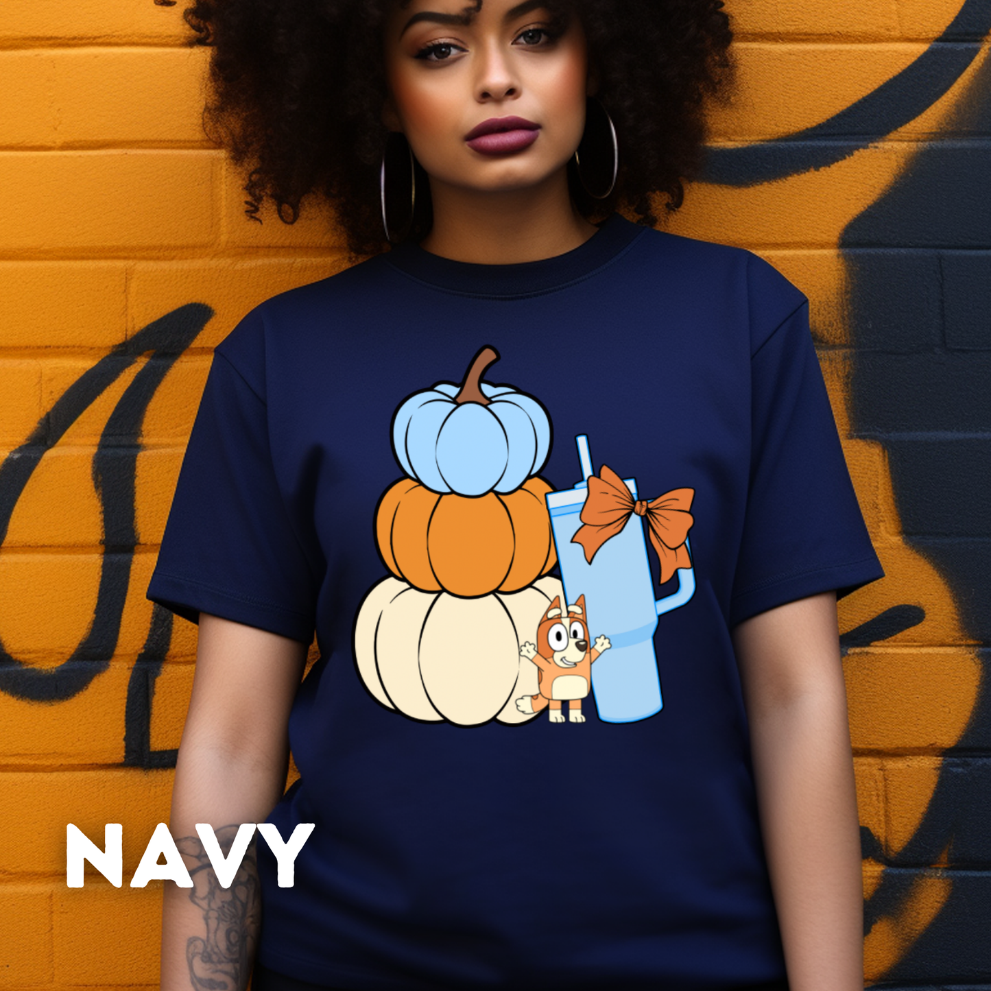 Stacked Pumpkins Bingo, Tumbler Cup and Blue Bows Checked Pattern Adult T-Shirt