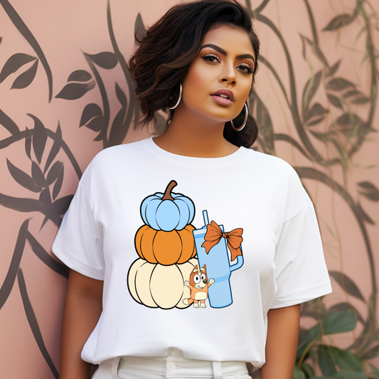 Stacked Pumpkins Bingo, Tumbler Cup and Blue Bows Checked Pattern Adult T-Shirt
