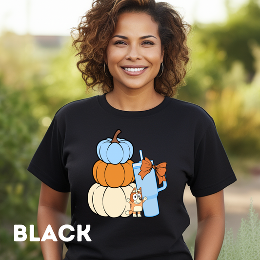 Stacked Pumpkins Bingo, Tumbler Cup and Blue Bows Checked Pattern Adult T-Shirt