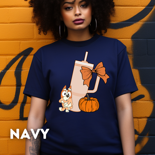Pumpkins Bingo, Tumbler Cup and Blue Bows Checked Pattern Adult T-Shirt
