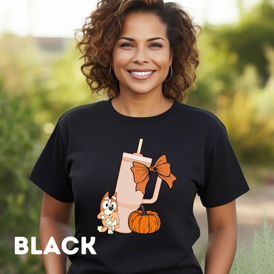 Pumpkins Bingo, Tumbler Cup and Blue Bows Checked Pattern Adult T-Shirt